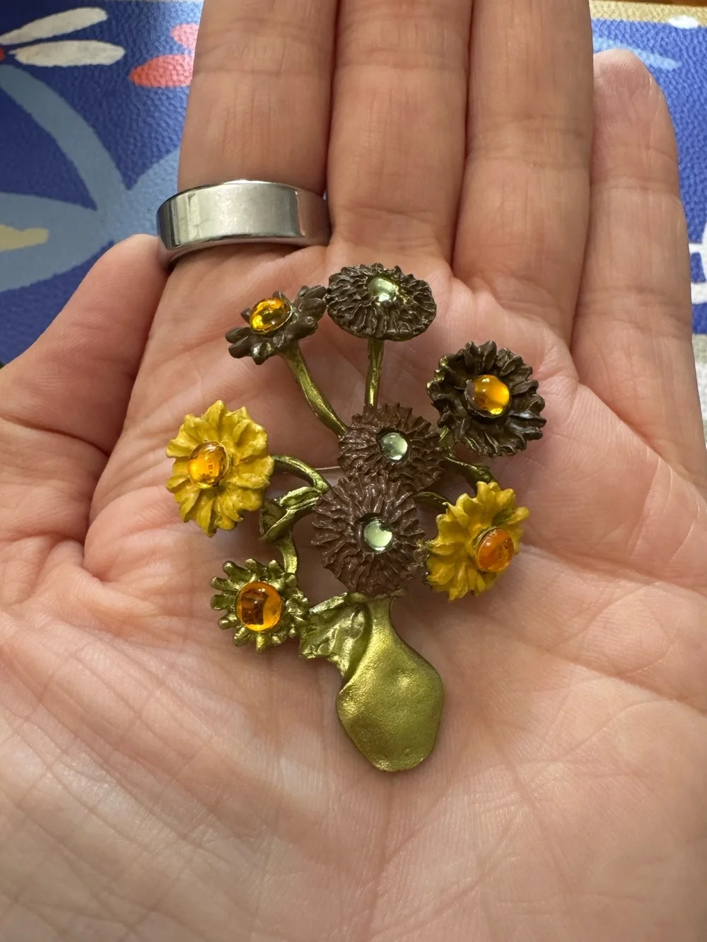Van Gogh Sunflowers Floral Bouquet Brooch in Yellow and Brown